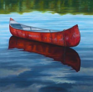 The Red Canoe, 36" x 36", oil on canvas | Available via Higher Art Gallery        